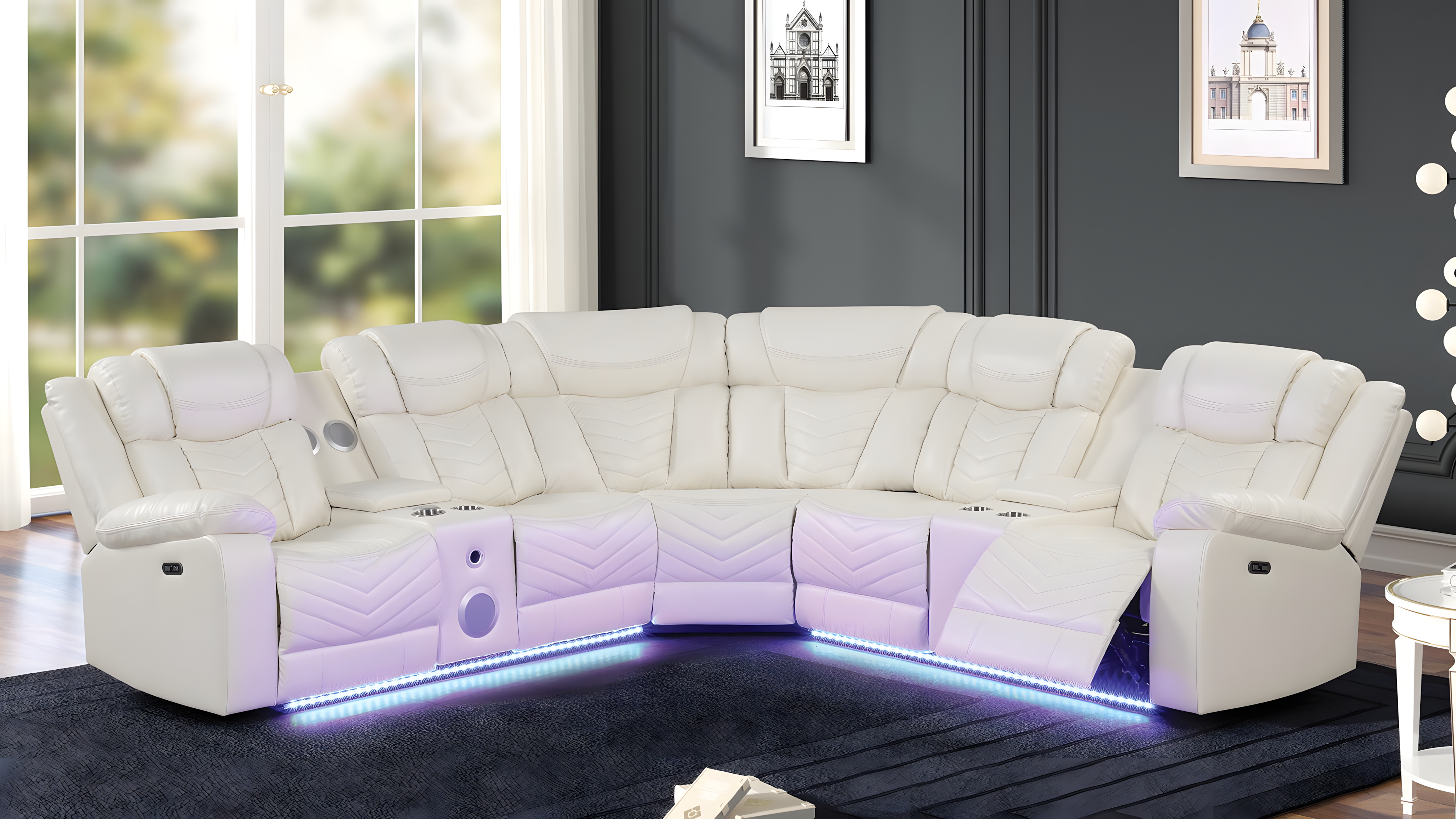 White leather sectional sofa with LED 